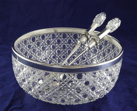 A plated mounted hobnail cut glass salad bowl and pair of salad servers, dia. 10in.